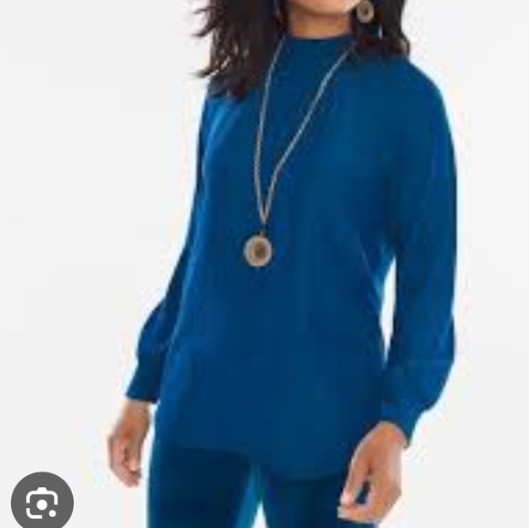 XL Chico's Seafaring Blue High Neck Romantic Peasant Knit Top Size 3 - Picture 1 of 7